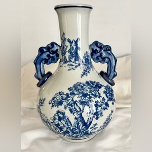 Vintage Blue & White Decorative Vase | Toile Pattern | 10.5”